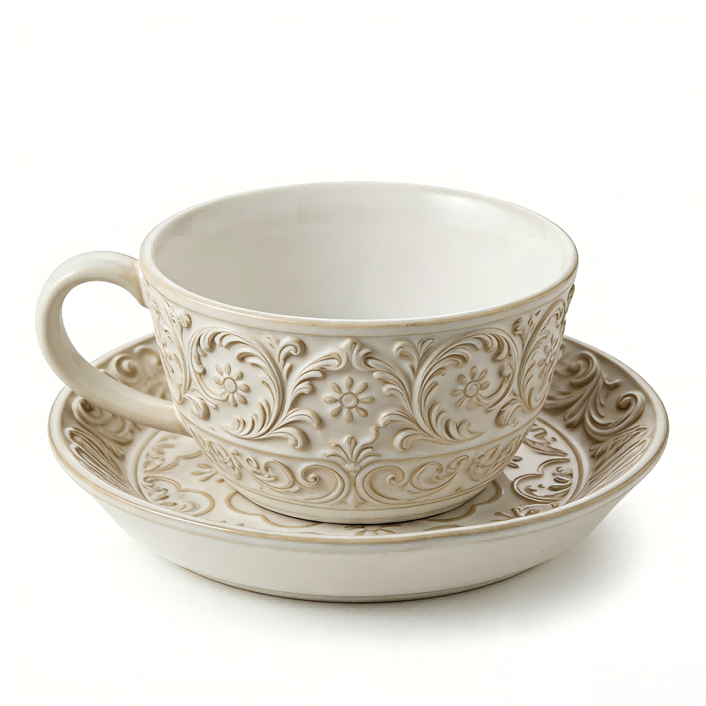 Classic Floral Embossed Ceramic Cup and Saucer Set