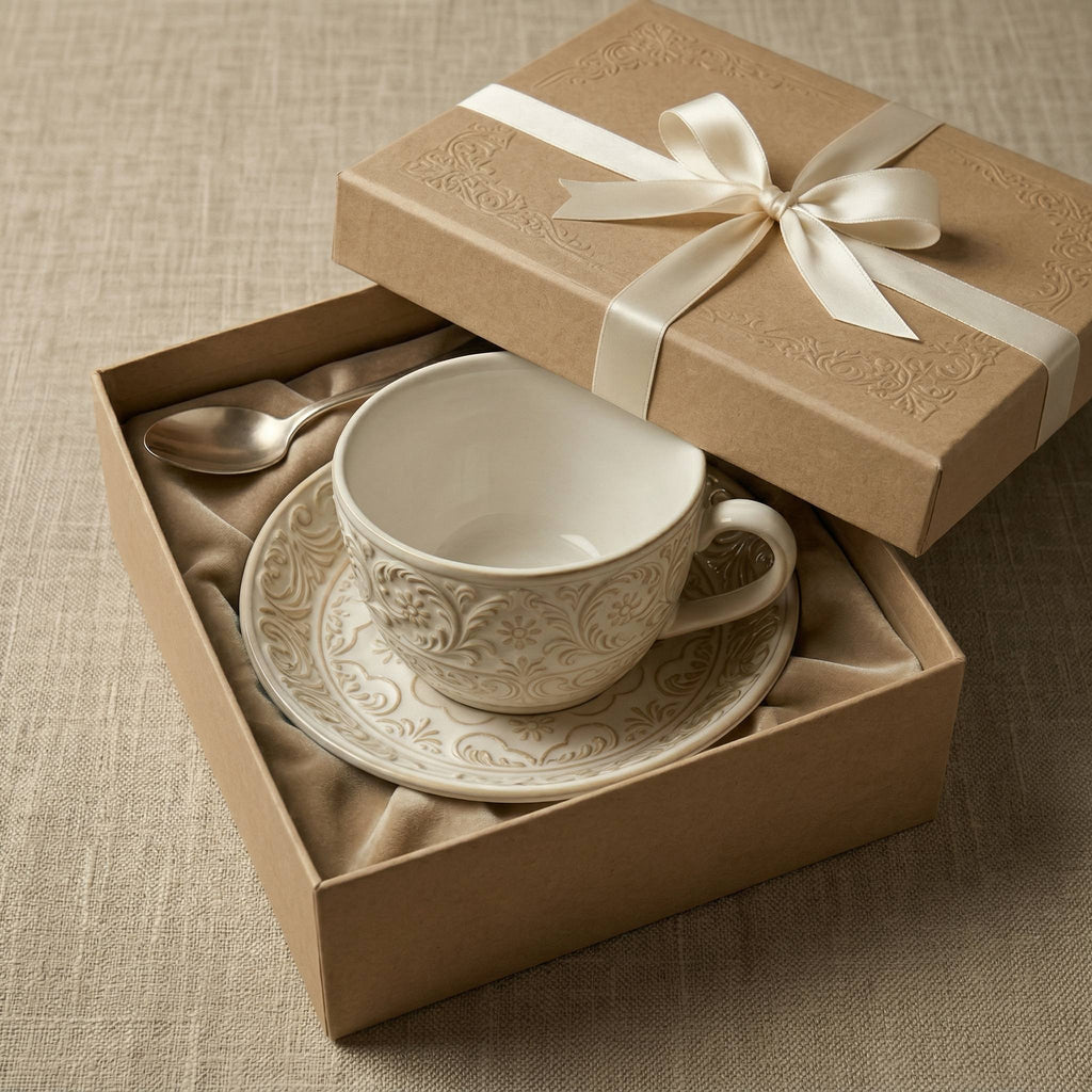Classic Floral Embossed Ceramic Cup and Saucer Set