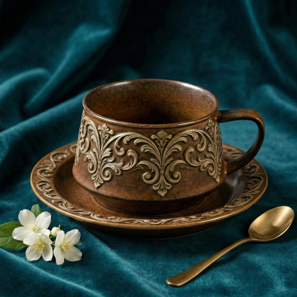 Antique Elegance Embossed Ceramic Cup and Saucer Set