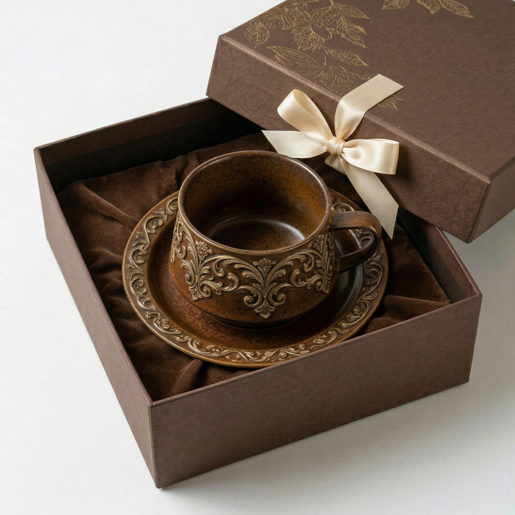 Antique Elegance Embossed Ceramic Cup and Saucer Set