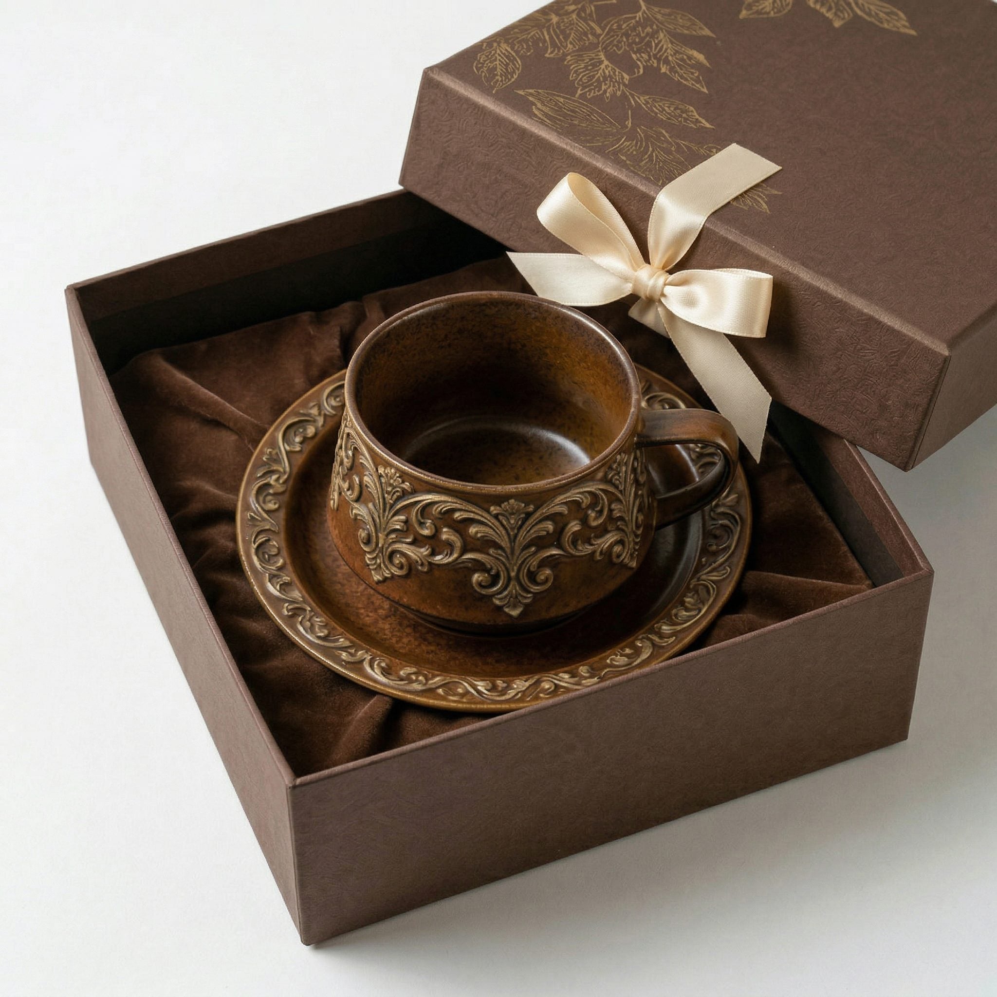 Antique Elegance Embossed Ceramic Cup and Saucer Set
