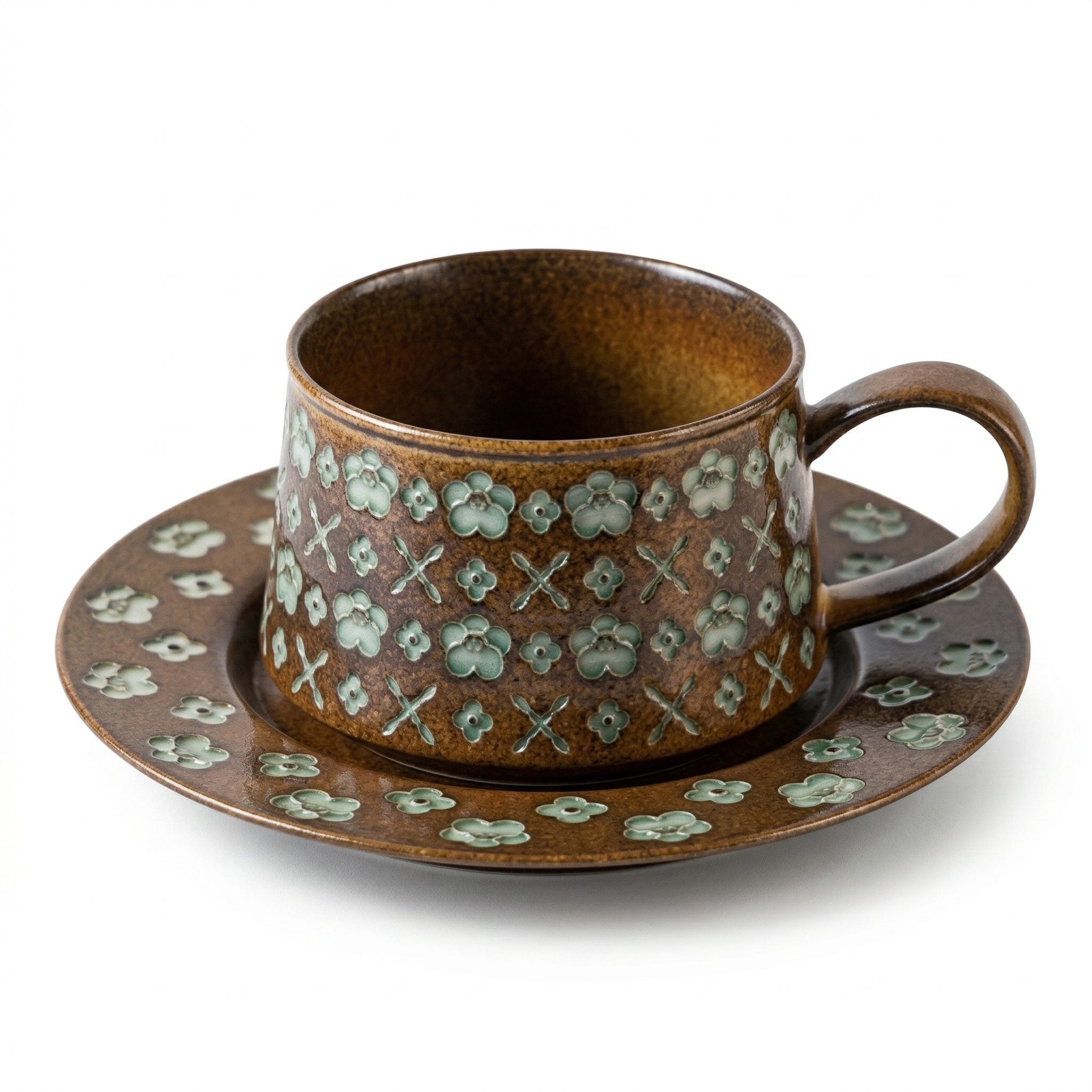 Rustic Floral Embossed Ceramic Cup and Saucer Set