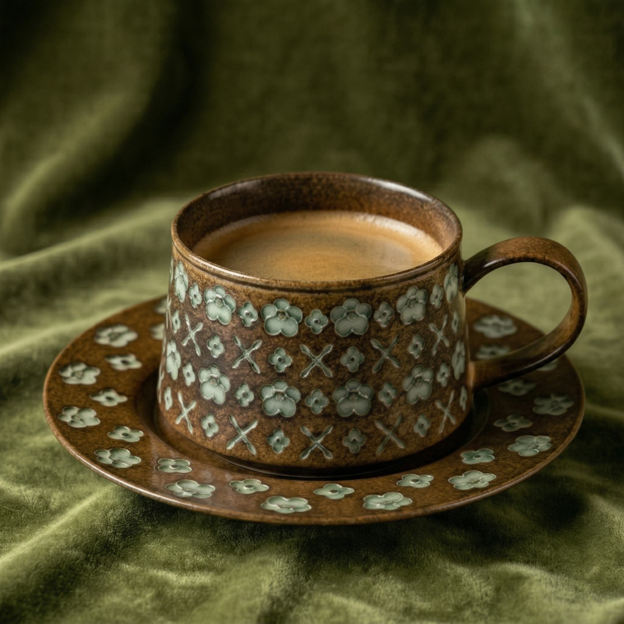 Rustic Floral Embossed Ceramic Cup and Saucer Set