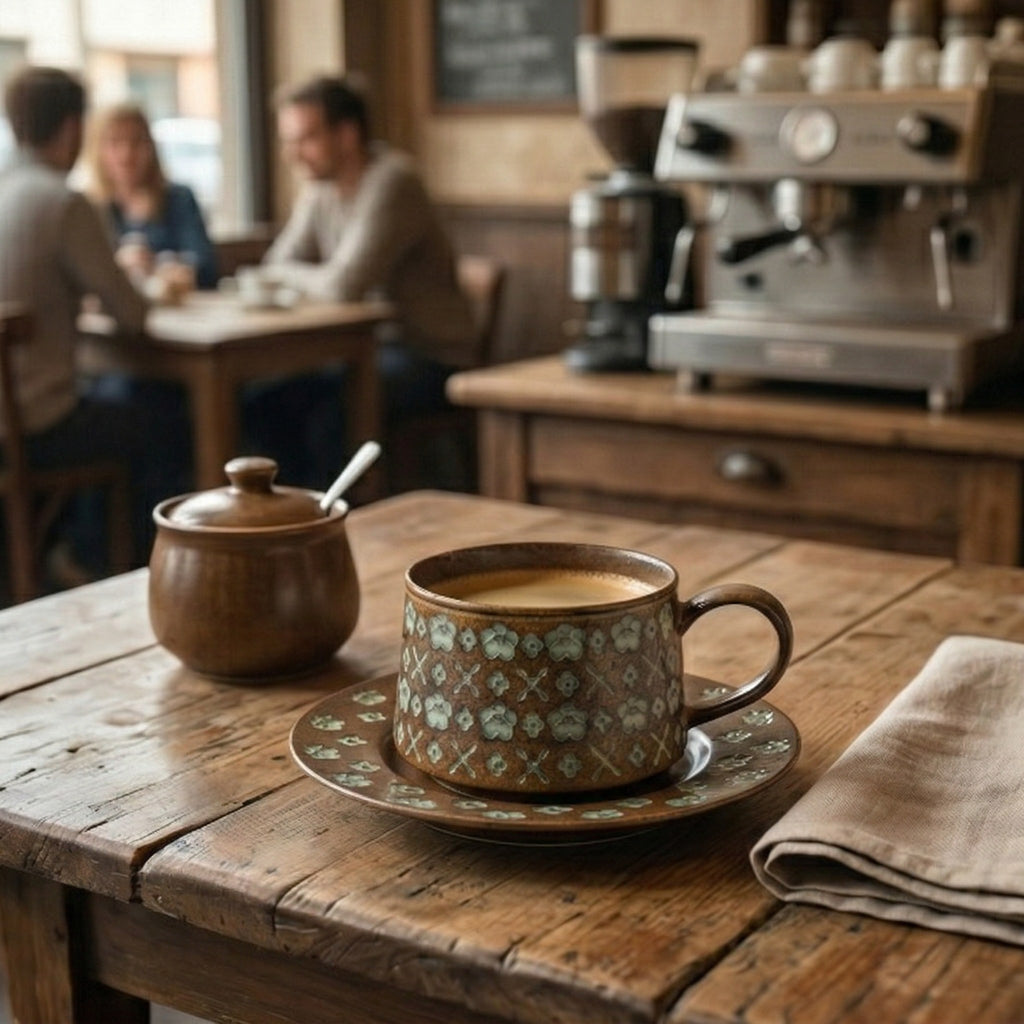 Rustic Floral Embossed Ceramic Cup and Saucer Set