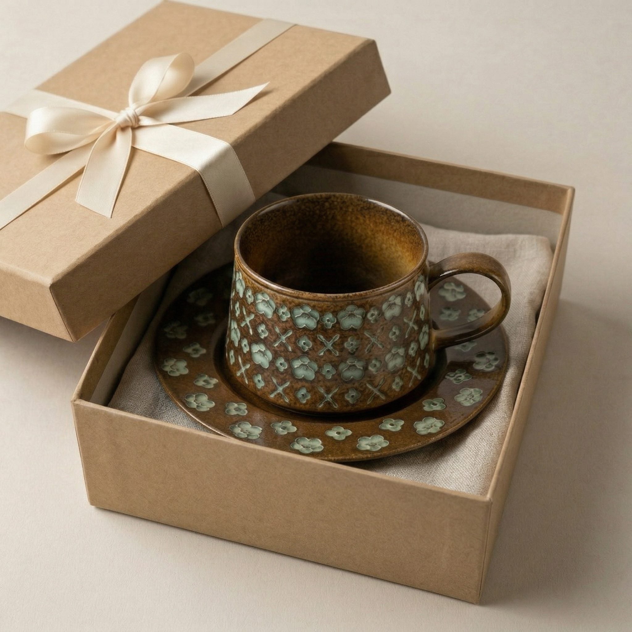 Rustic Floral Embossed Ceramic Cup and Saucer Set