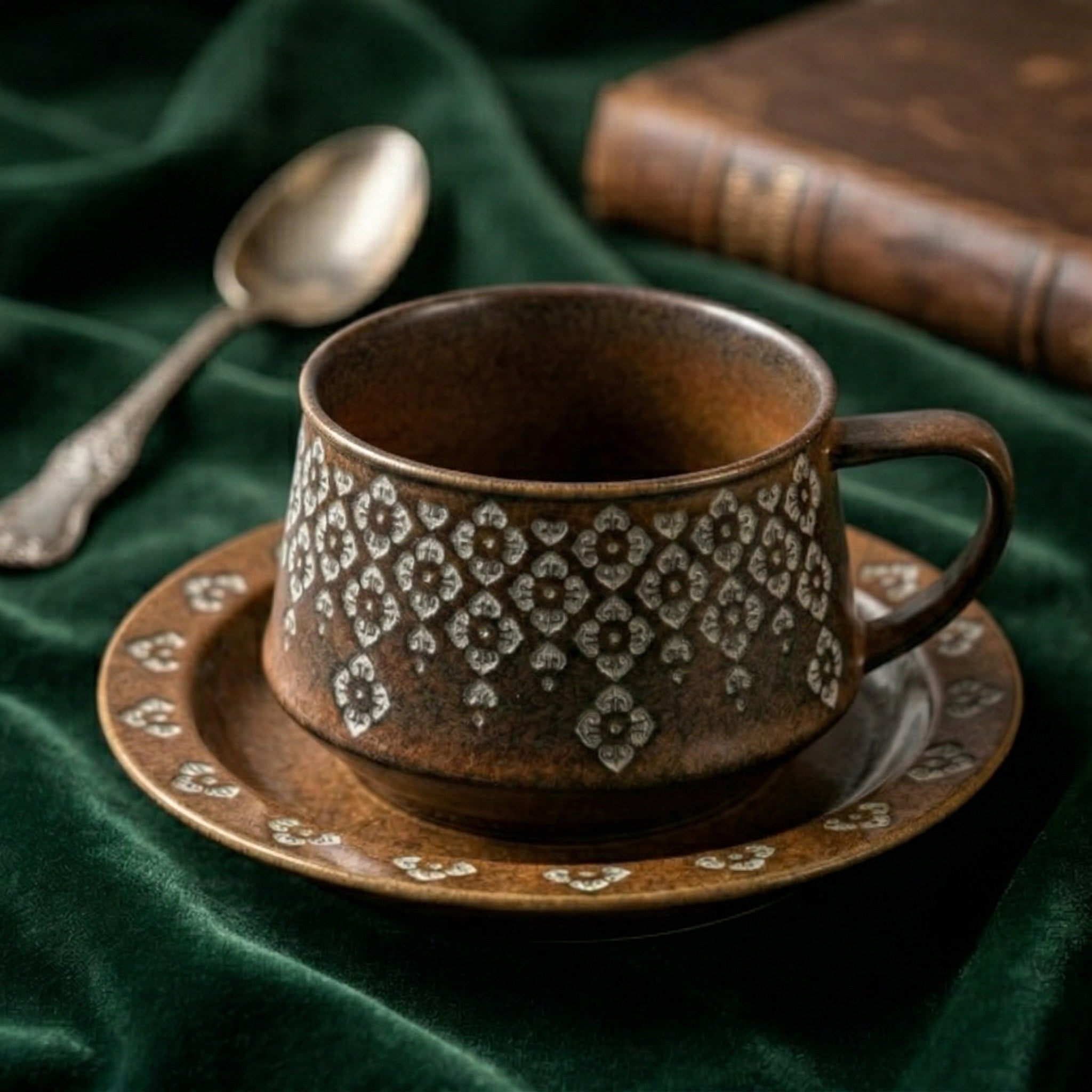 Vintage Floral Embossed Ceramic Cup and Saucer Set