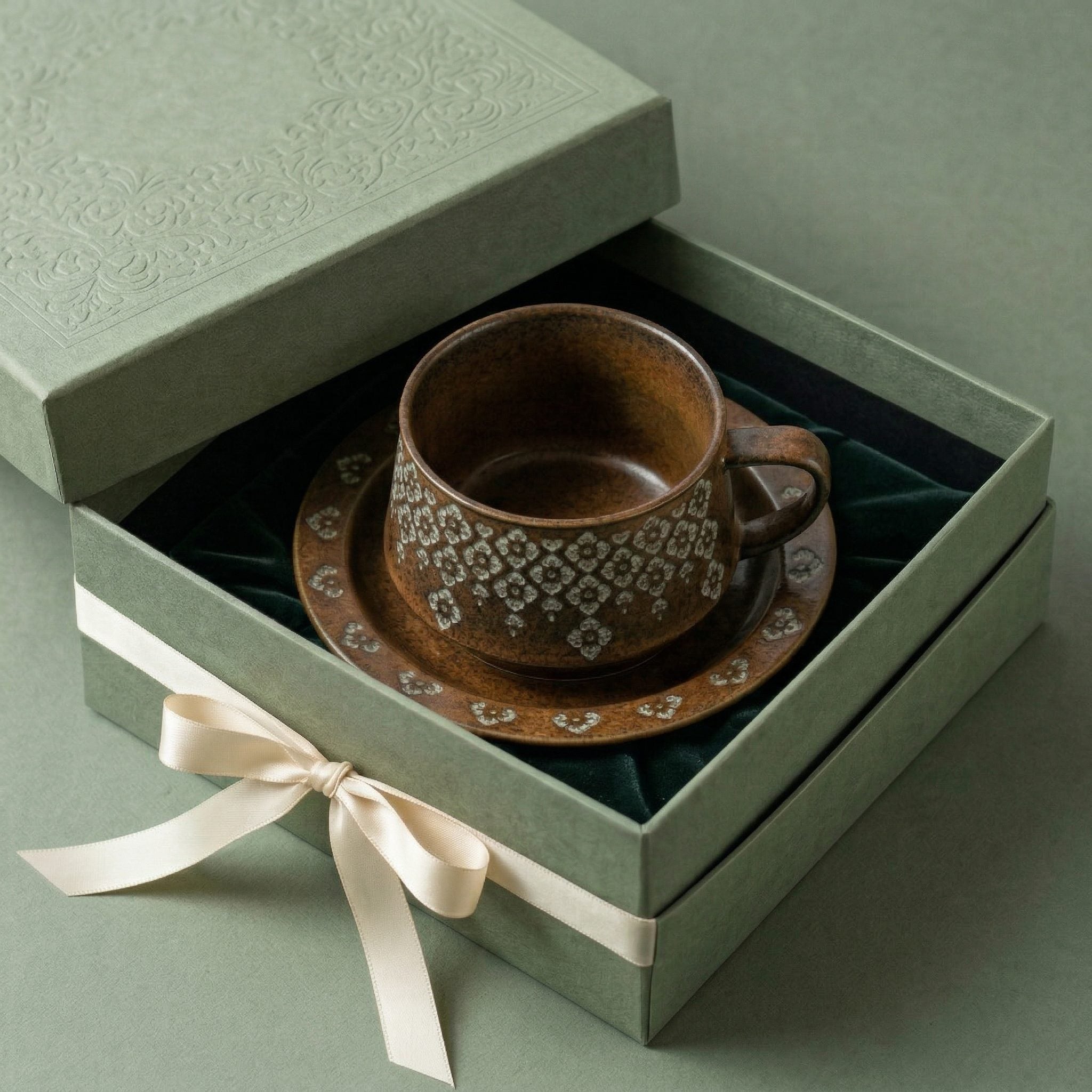 Vintage Floral Embossed Ceramic Cup and Saucer Set
