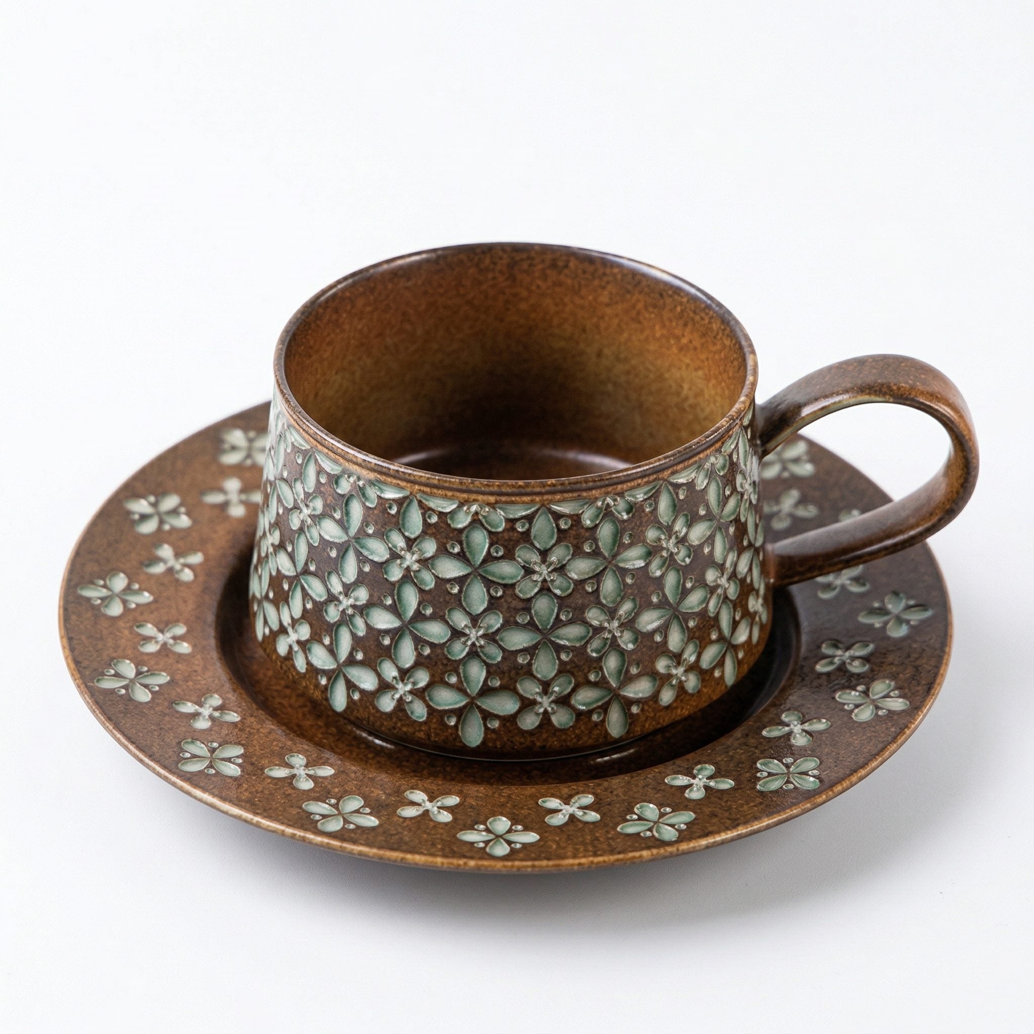 Antique Green Floral Embossed Ceramic Cup and Saucer Set