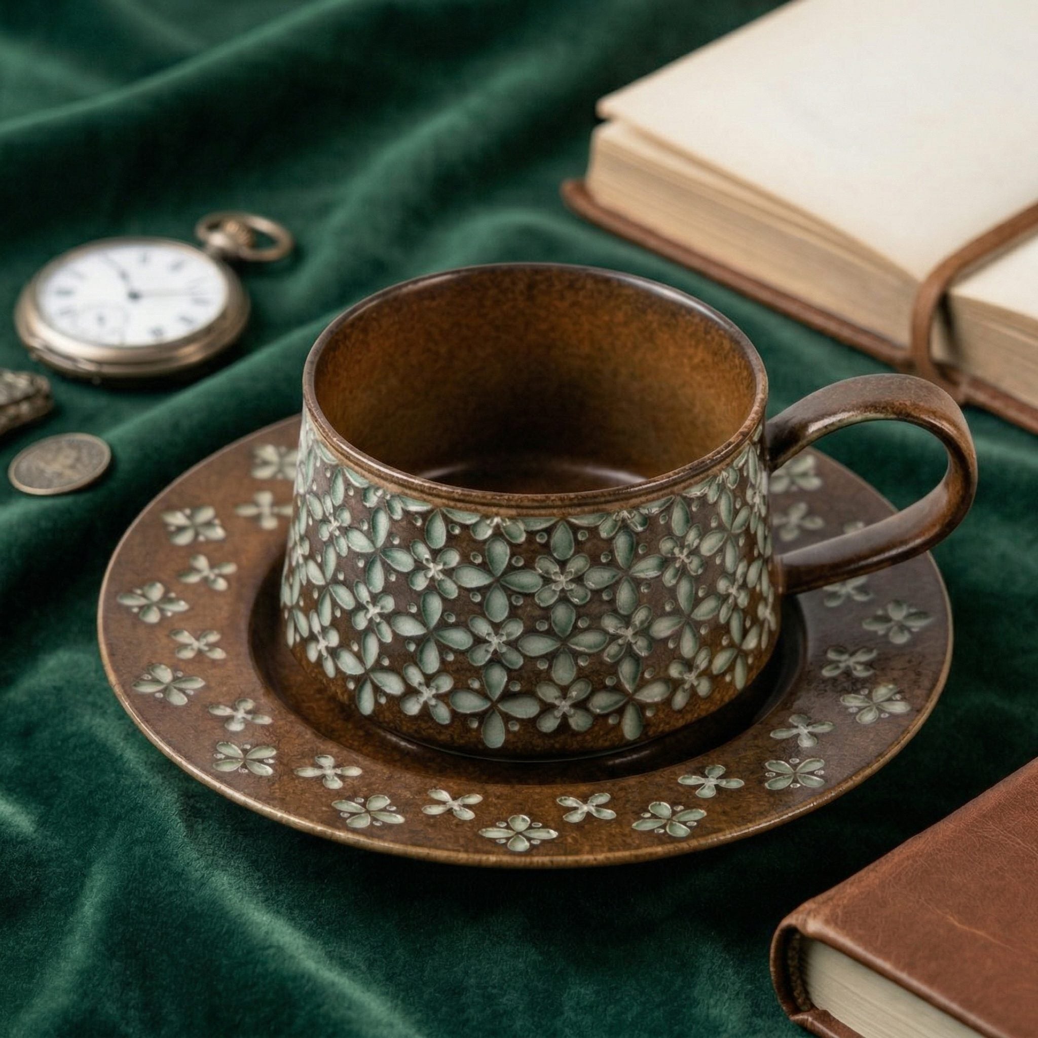 Antique Green Floral Embossed Ceramic Cup and Saucer Set