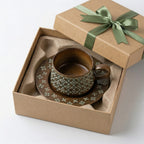 Antique Green Floral Embossed Ceramic Cup and Saucer Set