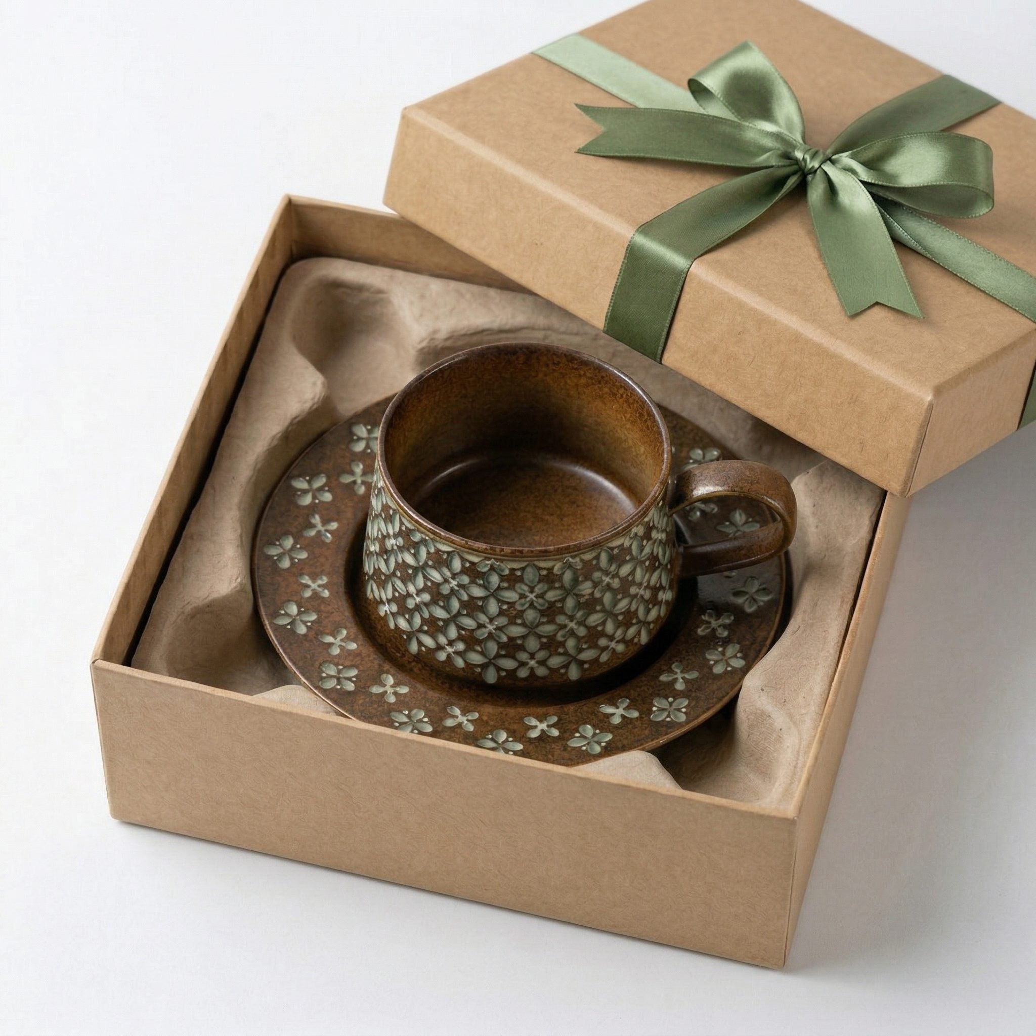 Antique Green Floral Embossed Ceramic Cup and Saucer Set
