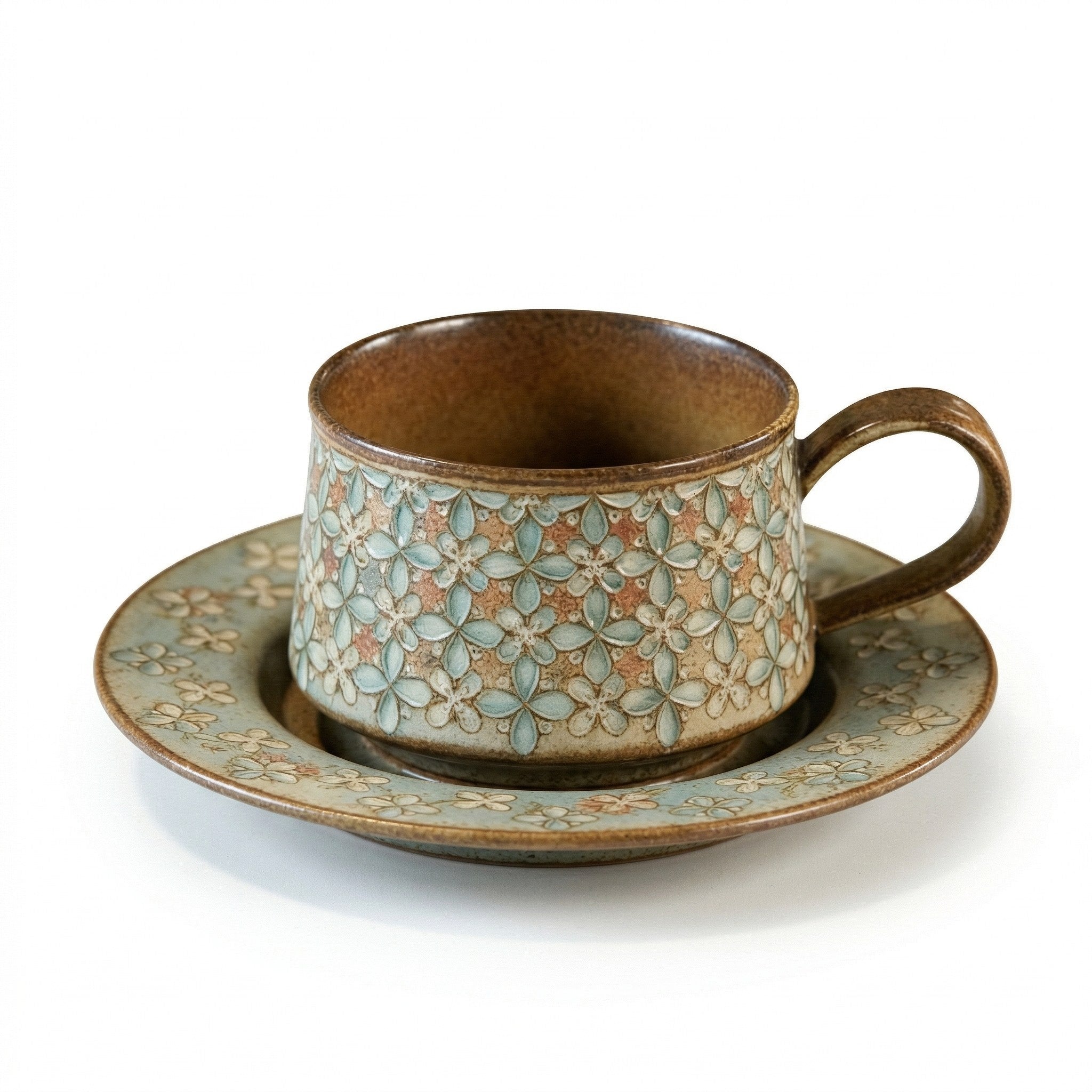 Antique Blue Floral Embossed Ceramic Cup and Saucer Set