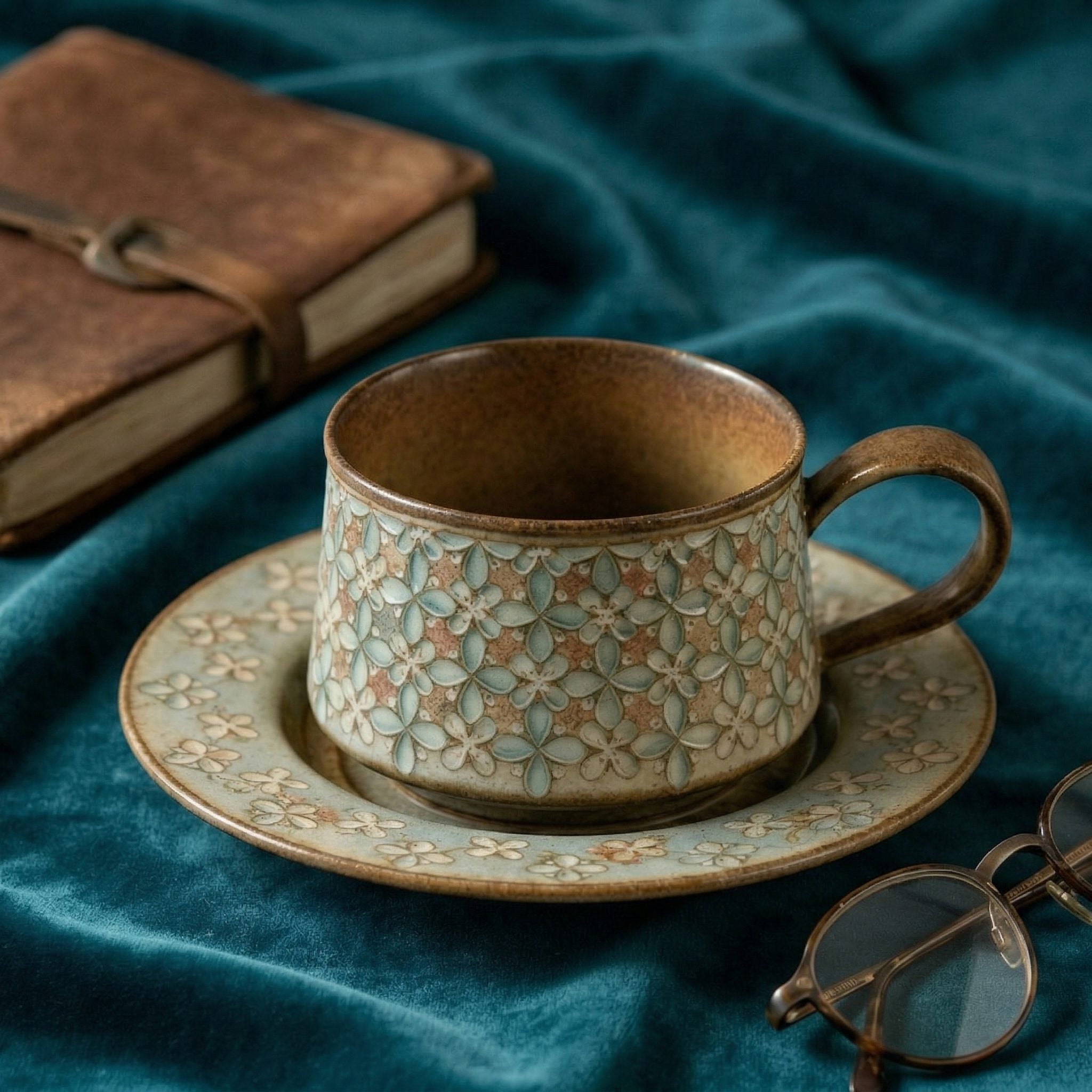 Antique Blue Floral Embossed Ceramic Cup and Saucer Set