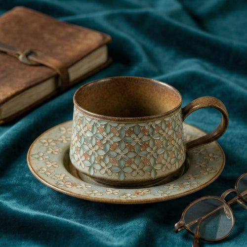 Antique Blue Floral Embossed Ceramic Cup and Saucer Set