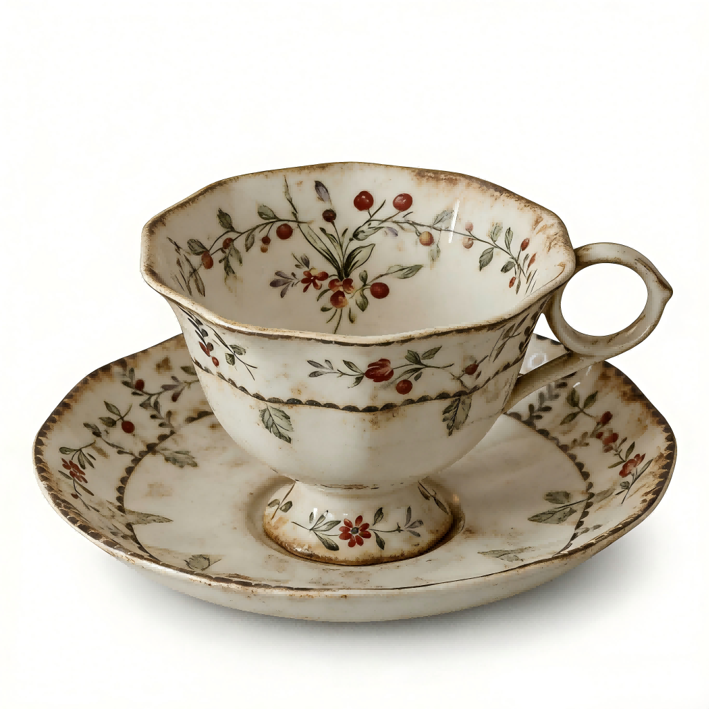 Antique Floral Ceramic Tea Cup and Saucer Set
