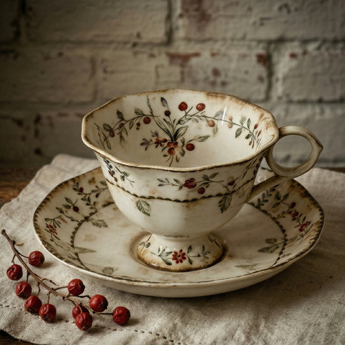 Antique Floral Ceramic Tea Cup and Saucer Set