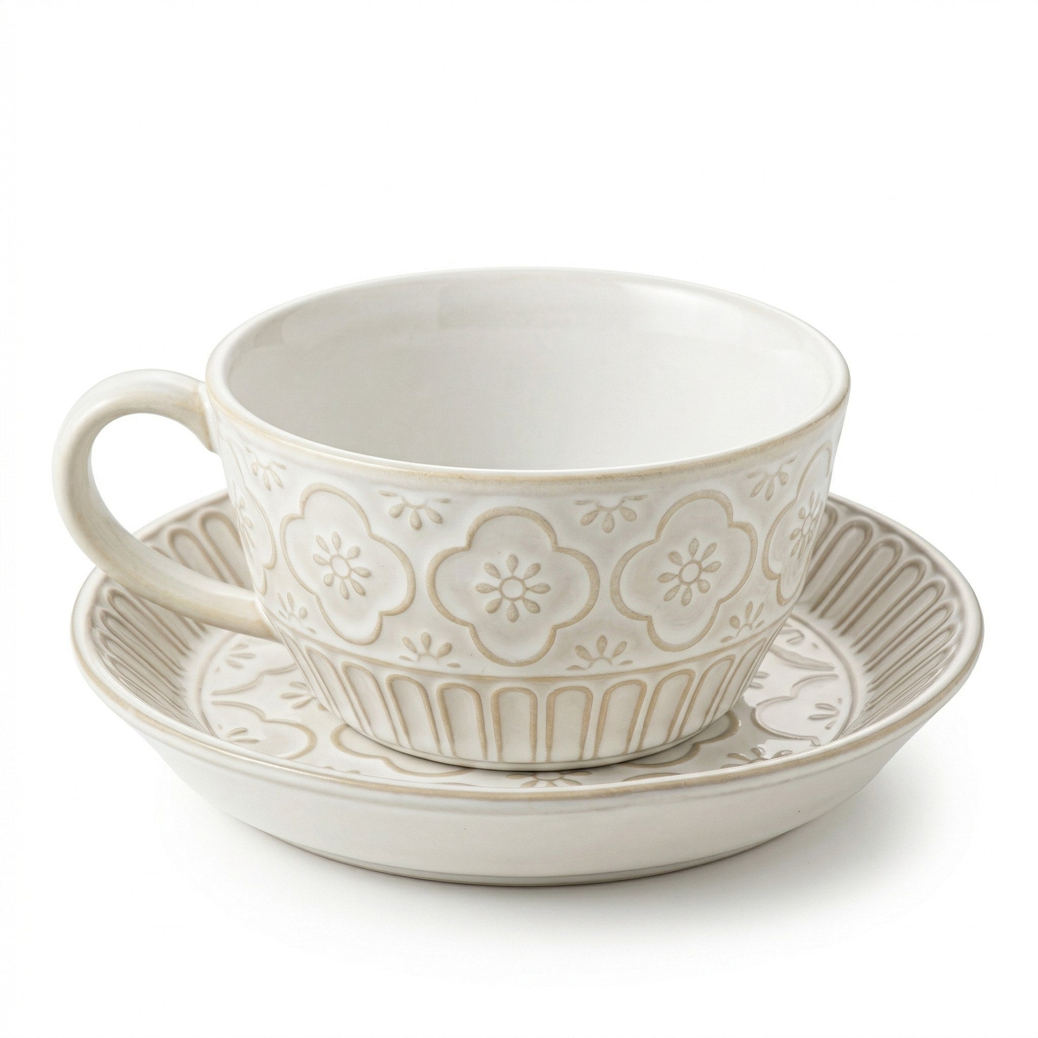 Elegant Floral Embossed Ceramic Cup and Saucer Set