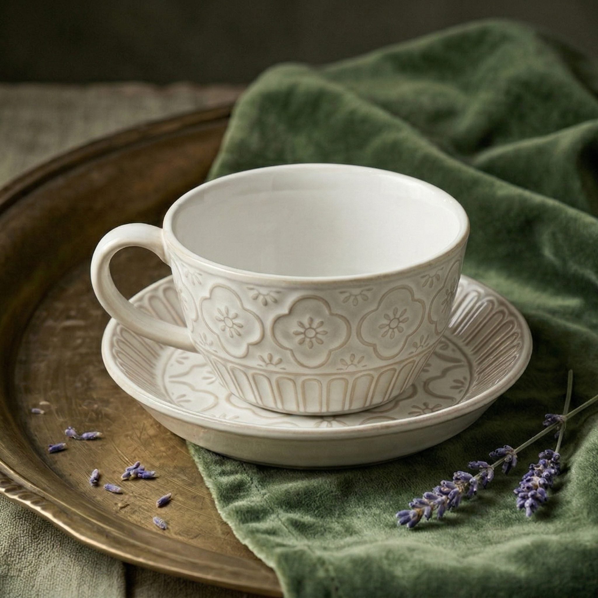 Elegant Floral Embossed Ceramic Cup and Saucer Set