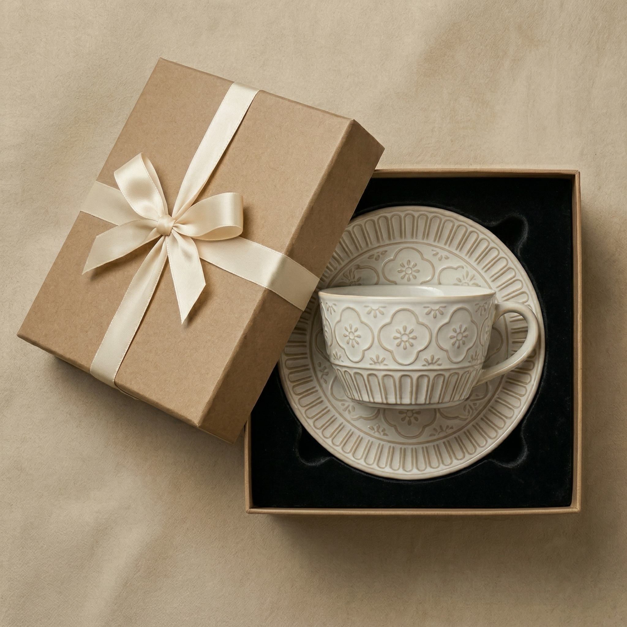 Elegant Floral Embossed Ceramic Cup and Saucer Set