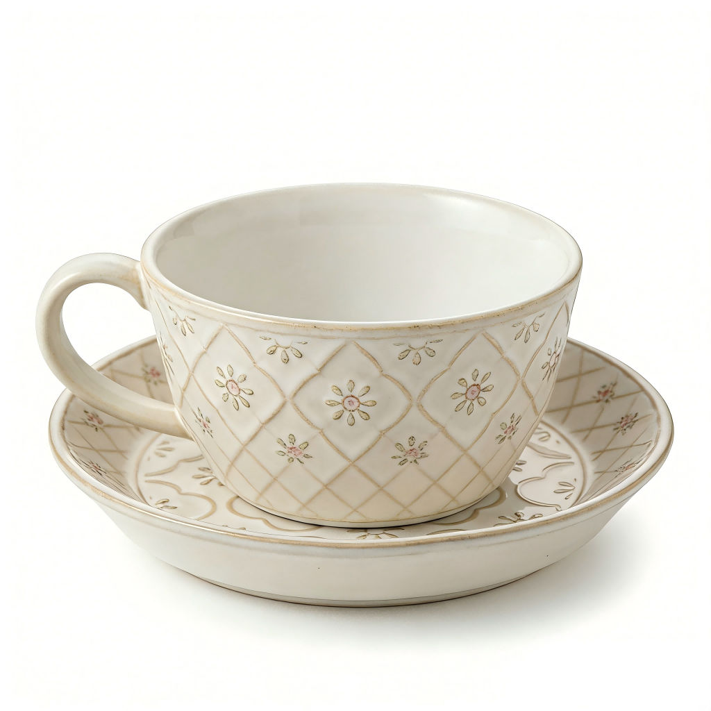 Elegant Floral Embossed Ceramic Cup and Saucer Set