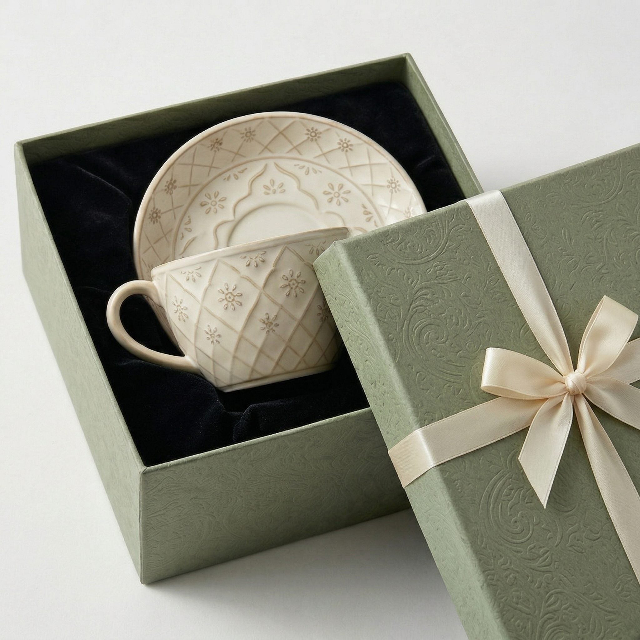 Elegant Floral Embossed Ceramic Cup and Saucer Set