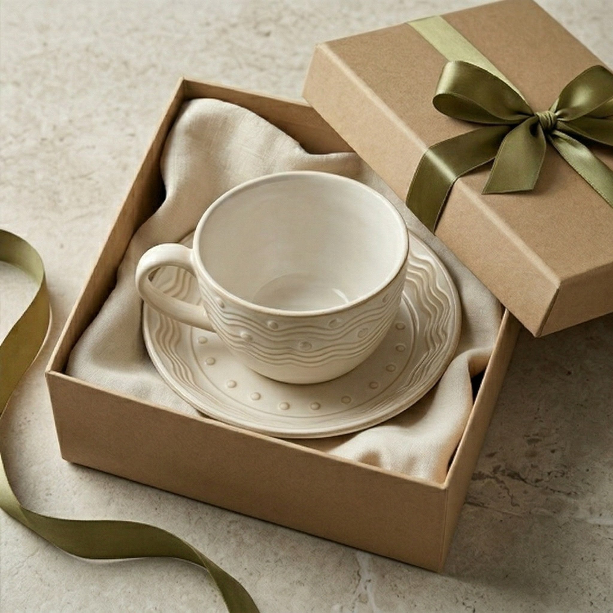 Coastal Wave Embossed Ceramic Cup and Saucer Set